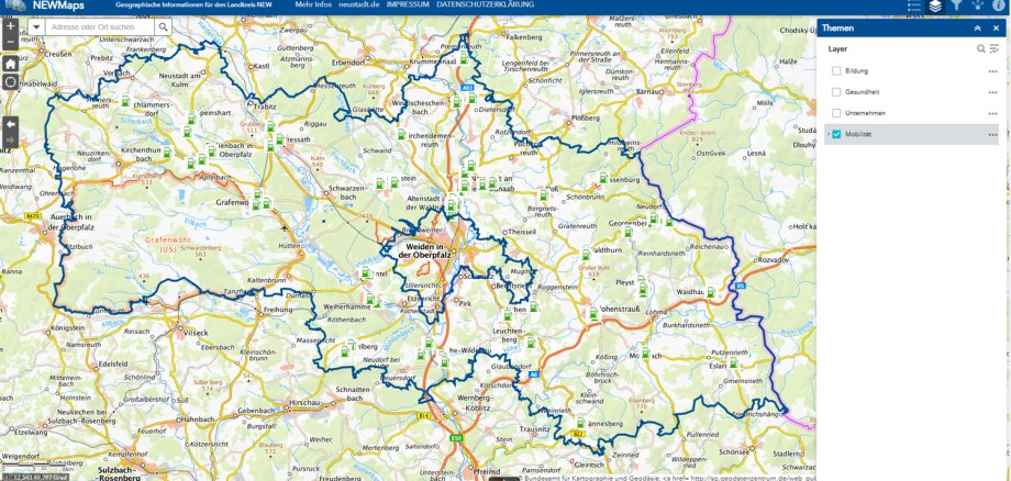 Screenshot aus der NEWMaps - Öffentliches E-Ladesäulennetz im Landkreis Neustadt an der Waldnaab