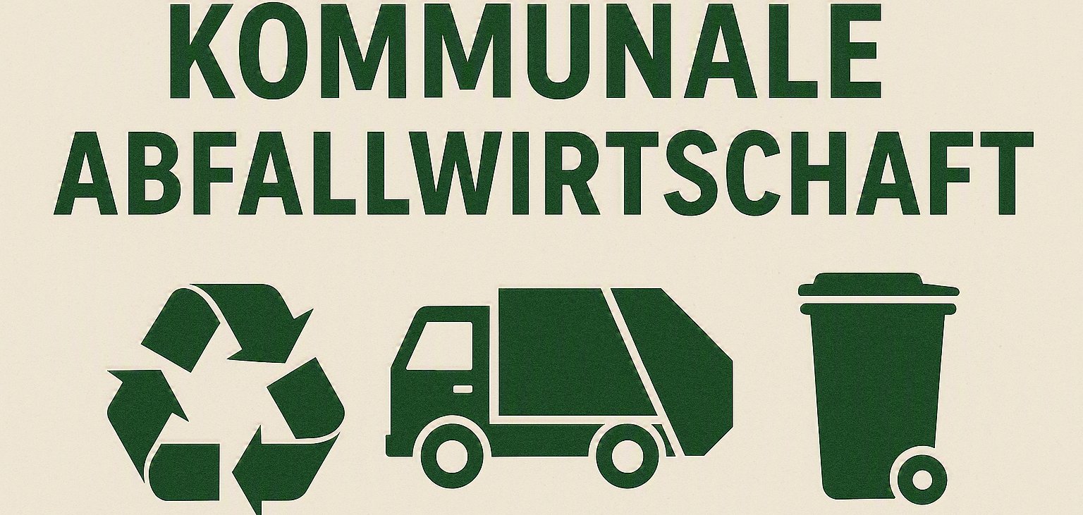 Grüne Symbole für Recycling, Müllabfuhr und Abfalltonne als Darstellung der kommunalen Abfallwirtschaft und einer umweltgerechten Abfallentsorgung.