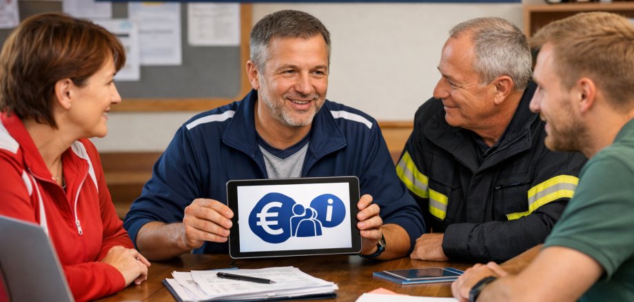 Vier Vereinsmitglieder sitzen an einem Tisch und informieren sich gemeinsam über Neuigkeiten zu Vereinspauschalen. Eine Person zeigt auf einem Tablet ein Euro- und Informationssymbol.