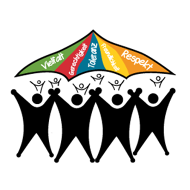 Kreisjugendring - Demokratielogo Grafik mit stilisierten schwarzen Figuren, die ein buntes Zeltdach hochhalten. Auf dem Dach stehen Begriffe wie Vielfalt, Gerechtigkeit, Toleranz, Freundlichkeit und Respekt – symbolisch für demokratische Werte und gemeinschaftliches Miteinander.