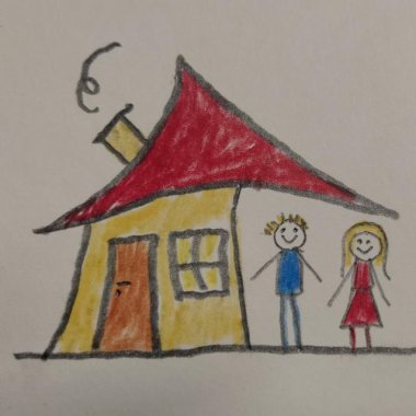 TSH-Logo
© Stefan Zagler Eine einfache, bunte Kinderzeichnung zeigt ein kleines Haus mit rotem Dach und schiefem Schornstein. Vor dem Haus stehen zwei lächelnde Kinder. Die beiden Kinder sind gut aufgehoben im neuen Zuhause.