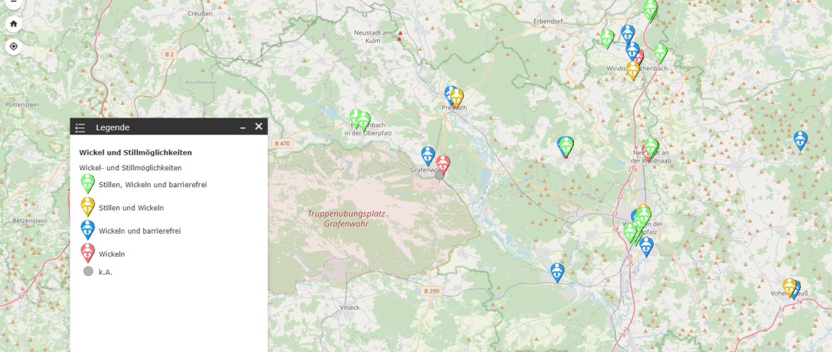Übersichtskarte für die Wickel- und Stillmöglichkeiten Digitale Landkarte des Landkreises Neustadt an der Waldnaab mit farbigen Symbolen, die verschiedene Wickel- und Stillmöglichkeiten kennzeichnen