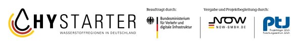 Logo der Initiative „HyStarter – Wasserstoffregionen in Deutschland“, beauftragt durch das Bundesministerium für Verkehr und digitale Infrastruktur. Vergabe und Projektbegleitung durch NOW GmbH und Projektträger Jülich (PtJ). Die Logos aller beteiligten Organisationen sind abgebildet.