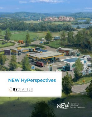 Titelbild des HyPerspectives-Konzept mit der Illustration einer modernen Tank- und Ladeinfrastruktur in ländlicher Umgebung mit Fokus auf Wasserstoff- und Elektromobilität. Zu sehen sind verschiedene Fahrzeuge, darunter Busse und LKWs, an Wasserstoff- und E-Ladesäulen sowie eine Tankstelle mit Solarpanelen auf dem Dach.