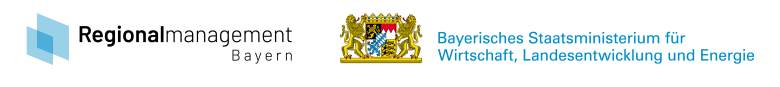 Logo des Regionalmanagement Bayern mit dem Hinweis ‚gefördert durch Bayerisches Staatsministerium für Wirtschaft, Landesentwicklung und Energie‘. Rechts daneben das bayerische Staatswappen.