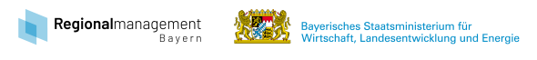 Logo des Regionalmanagement Bayern mit dem Hinweis ‚gefördert durch Bayerisches Staatsministerium für Wirtschaft, Landesentwicklung und Energie‘. Rechts daneben das bayerische Staatswappen.