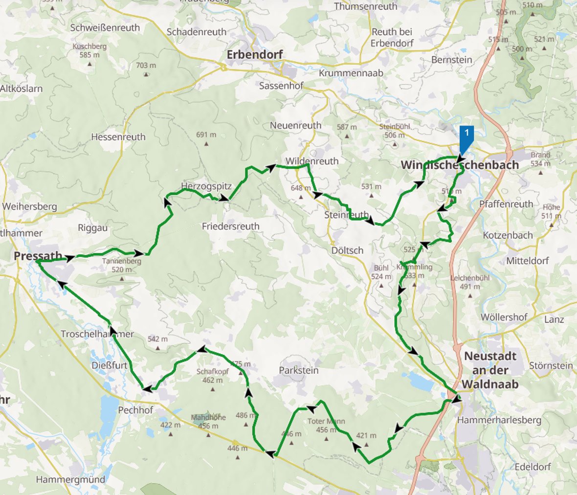 Die Karte zeigt den Streckenverlauf der NEW Radltour 2026 mit Start- und Endpunk. Die grün markierte Route führt von Pressath über Dießfurt, Parkstein und Troschelhammer nach Neustadt an der Waldnaab, weiter über Windischeschenbach, Steinach und Wildenreuth zurück in Richtung Pressath.