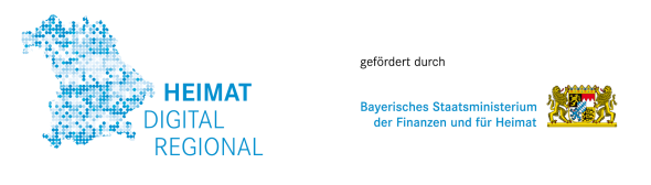 Logo des Projekts "HEIMAT DIGITAL REGIONAL" mit Bayernkarte gefordert durch Bayerisches Staatsministerium der Finanzen und für Heimat