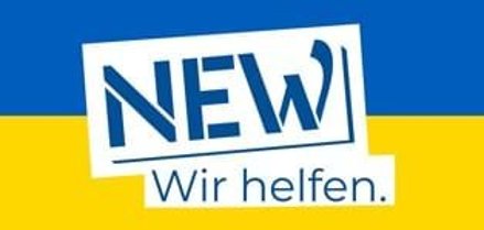Flagge der Ukraine mit der Aufschrift NEW - Wir helfen.